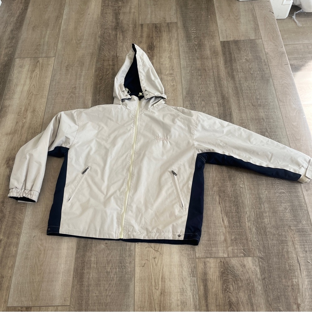 Santco REVERSIBLE Jacket ALASKA Tan /Navy Fleece M Removablw Hood Full Zip FLAWS
